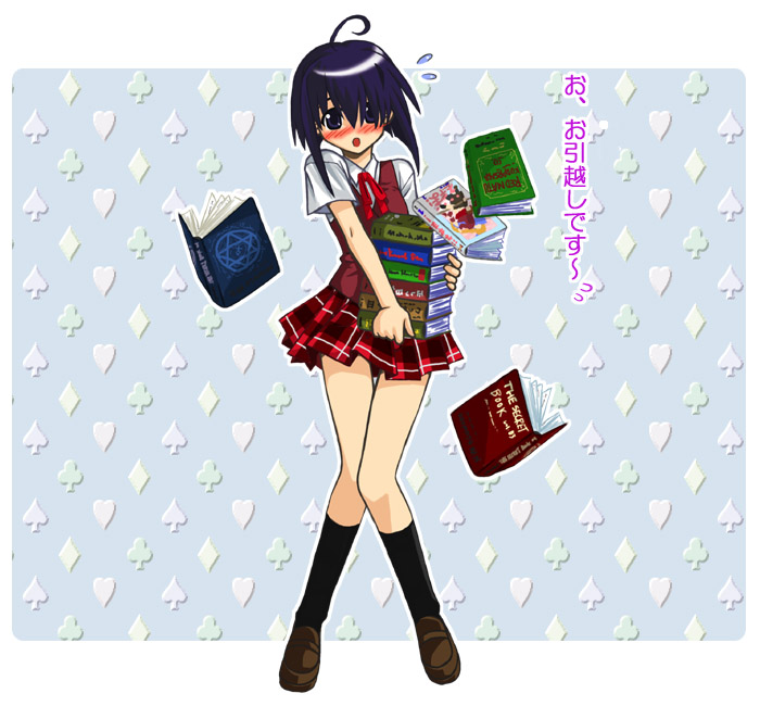 oyama (fortune pandora), miyazaki nodoka, mahou sensei negima!, 00s, 1girl, ahoge, blush, book, book stack, club (shape), diamond (gemstone), diamond (shape), dropping, female focus, flying sweatdrops, hair over eyes, heart, kneehighs, mahora academy middle school uniform, open mouth, plaid clothes, plaid skirt, pleated skirt, purple eyes, purple hair, school uniform, serafuku, skirt, socks, solo, spade (shape), sweatdrop, thigh gap, thighs