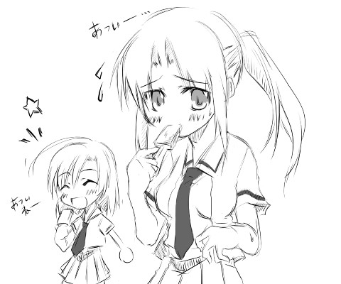 shiba (moeshiba), ryuuguu rena, sonozaki mion, higurashi no naku koro ni, lowres, 00s, 2girls, ^^^, ahoge, blush, breasts, eating, embarrassed, food, greyscale, laughing, looking at viewer, medium breasts, monochrome, multiple girls, necktie, ponytail, popsicle, school uniform, star (symbol), sweatdrop