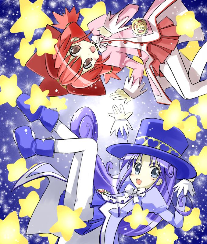 yuugiri (artist), yuugiri (u-slash), fine (futagohime), rein (futagohime), fushigiboshi no futago hime, 00s, 2girls, bishie sparkle, blue eyes, blue hair, blush, bow, fang, gloves, hat, long hair, multiple girls, pantyhose, pink eyes, purple background, red hair, red skirt, short hair, skirt, star (symbol), star symbol background, top hat, twintails, white pantyhose