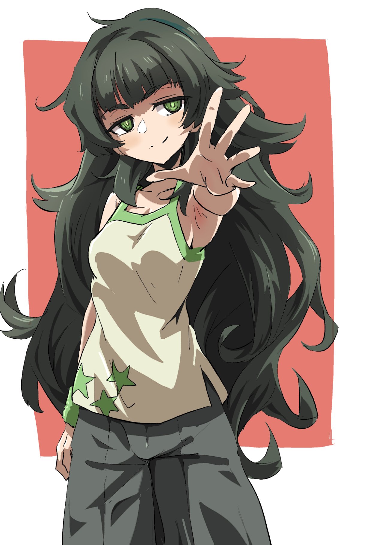 sadarann, hiyajou maho, science adventure, steins;gate, steins;gate 0, highres, 1girl, blunt bangs, breasts, closed mouth, collarbone, cowboy shot, green eyes, green hair, hair between eyes, long hair, looking at viewer, messy hair, pants, reaching, reaching towards viewer, simple background, small breasts, solo, thick eyebrows, very long hair
