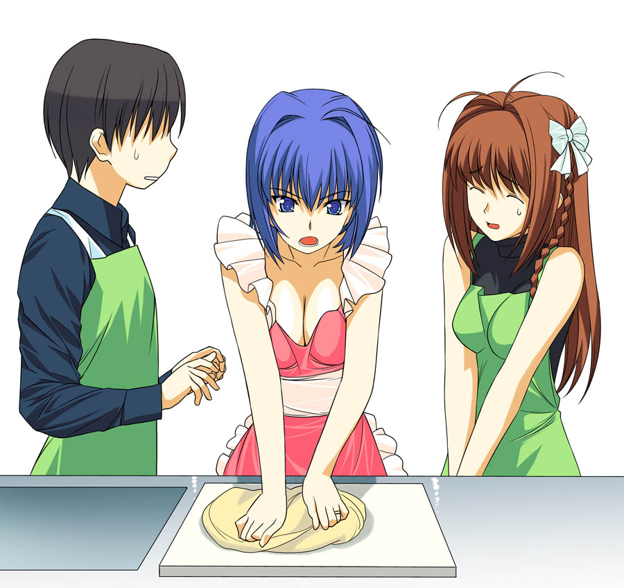 a1 (initial-g), hayase mitsuki, narumi takayuki, suzumiya haruka, kimi ga nozomu eien, 00s, 1boy, 2girls, antenna hair, apron, bare arms, bare shoulders, black hair, blue eyes, blue hair, bow, braid, breasts, brown hair, cleavage, closed eyes, dough, green apron, hair bow, hair intakes, long hair, medium breasts, multiple girls, naked apron, no eyes, open mouth, short hair, single braid, sleeveless, sleeveless turtleneck, sweatdrop, turtleneck, white background