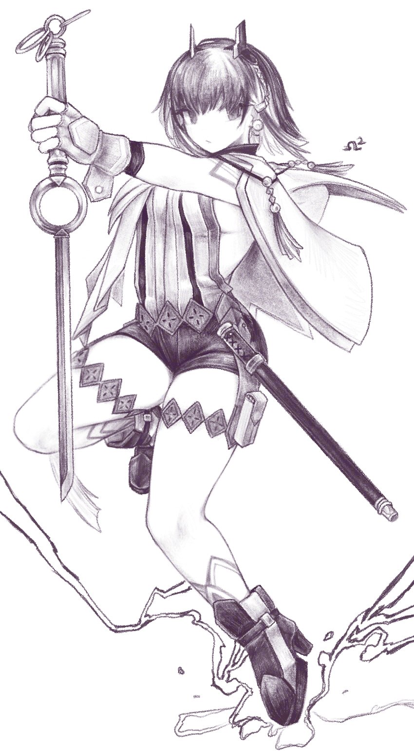 alphanpurple, kirin (gunvolt), azure striker gunvolt, azure striker gunvolt 3, highres, traditional media, boots, breasts, electricity, fingerless gloves, full body, gloves, high heel boots, high heels, holding, holding sword, holding weapon, horns, medium breasts, short hair, shorts, sideboob, simple background, sword, weapon, white background