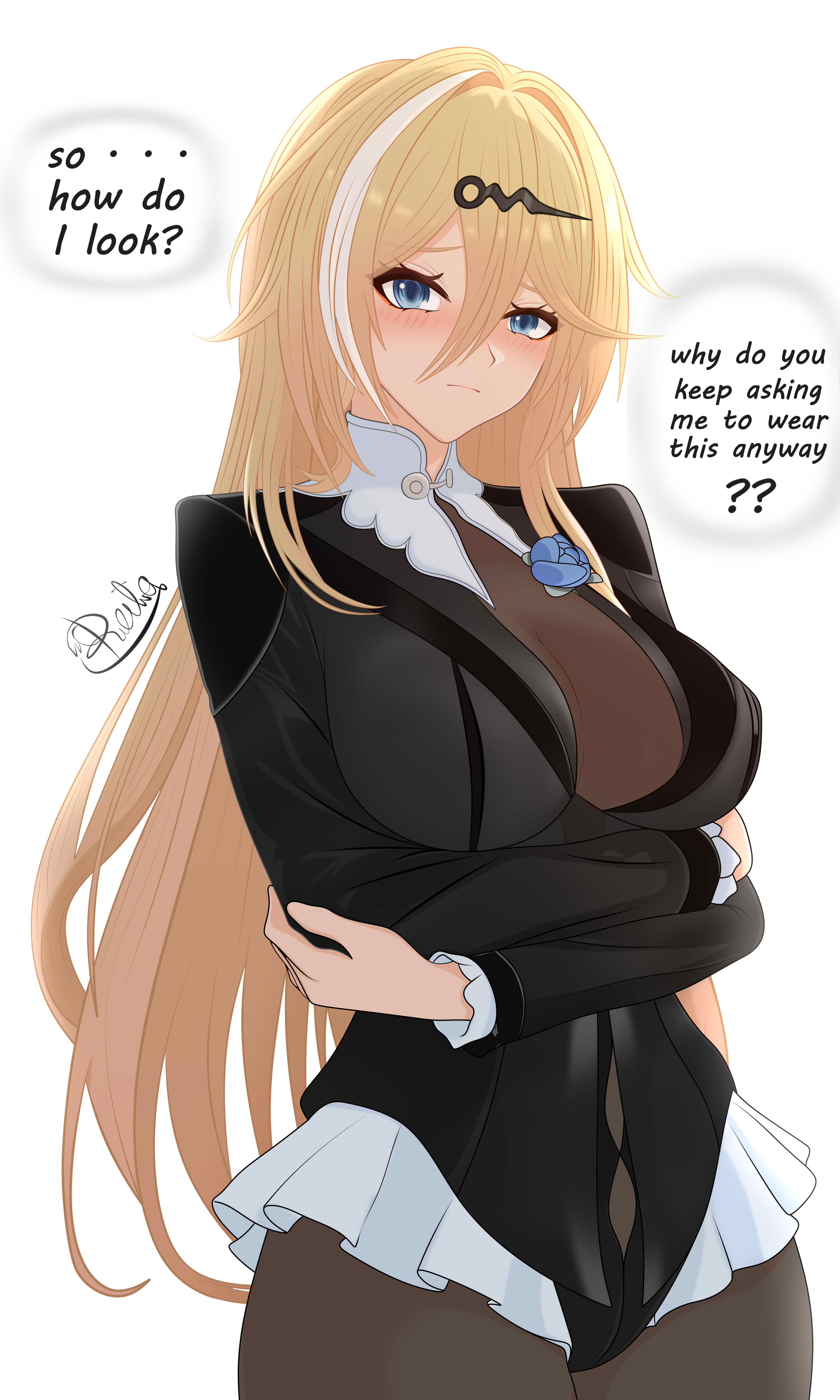 reila nii, durandal (honkai impact), noto mamiko, yixuan (trails of ink) (zenless zone zero), yixuan (zenless zone zero), honkai (series), honkai impact 3rd, mihoyo, zenless zone zero, absurdres, commentary, english commentary, highres, 1girl, black pantyhose, black unitard, blonde hair, blue eyes, blush, breasts, cosplay, crossed arms, english text, large breasts, long hair, looking at viewer, multicolored hair, pantyhose, simple background, solo, speech bubble, streaked hair, two-tone hair, very long hair, voice actor connection, white background, white hair, yixuan (zenless zone zero) (cosplay)