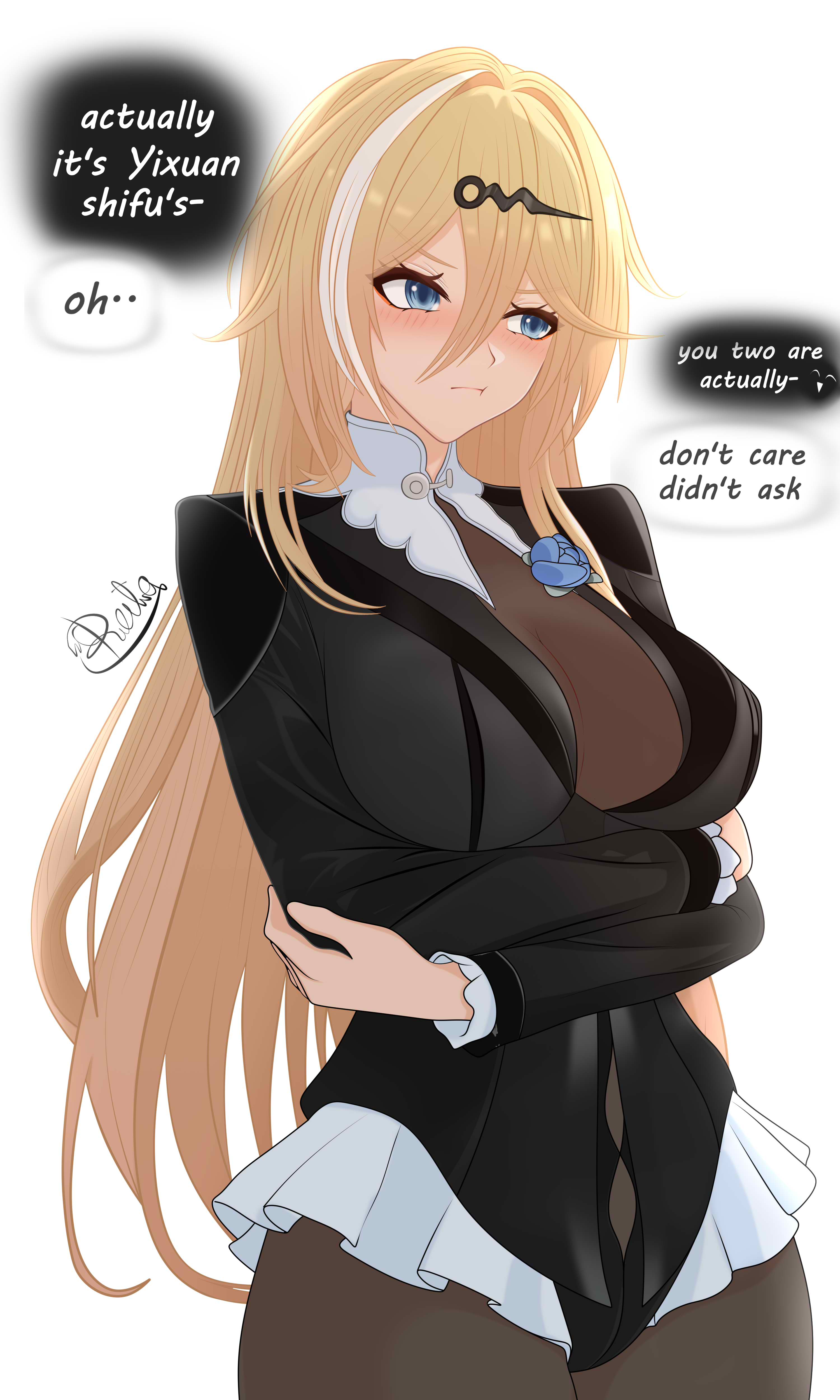 reila nii, durandal (honkai impact), noto mamiko, yixuan (trails of ink) (zenless zone zero), yixuan (zenless zone zero), honkai (series), honkai impact 3rd, mihoyo, zenless zone zero, absurdres, commentary, english commentary, highres, 1girl, black pantyhose, black unitard, blonde hair, blue eyes, blush, breasts, cosplay, crossed arms, english text, large breasts, long hair, looking to the side, multicolored hair, pantyhose, simple background, solo, speech bubble, streaked hair, two-tone hair, very long hair, voice actor connection, white background, white hair, yixuan (zenless zone zero) (cosplay)