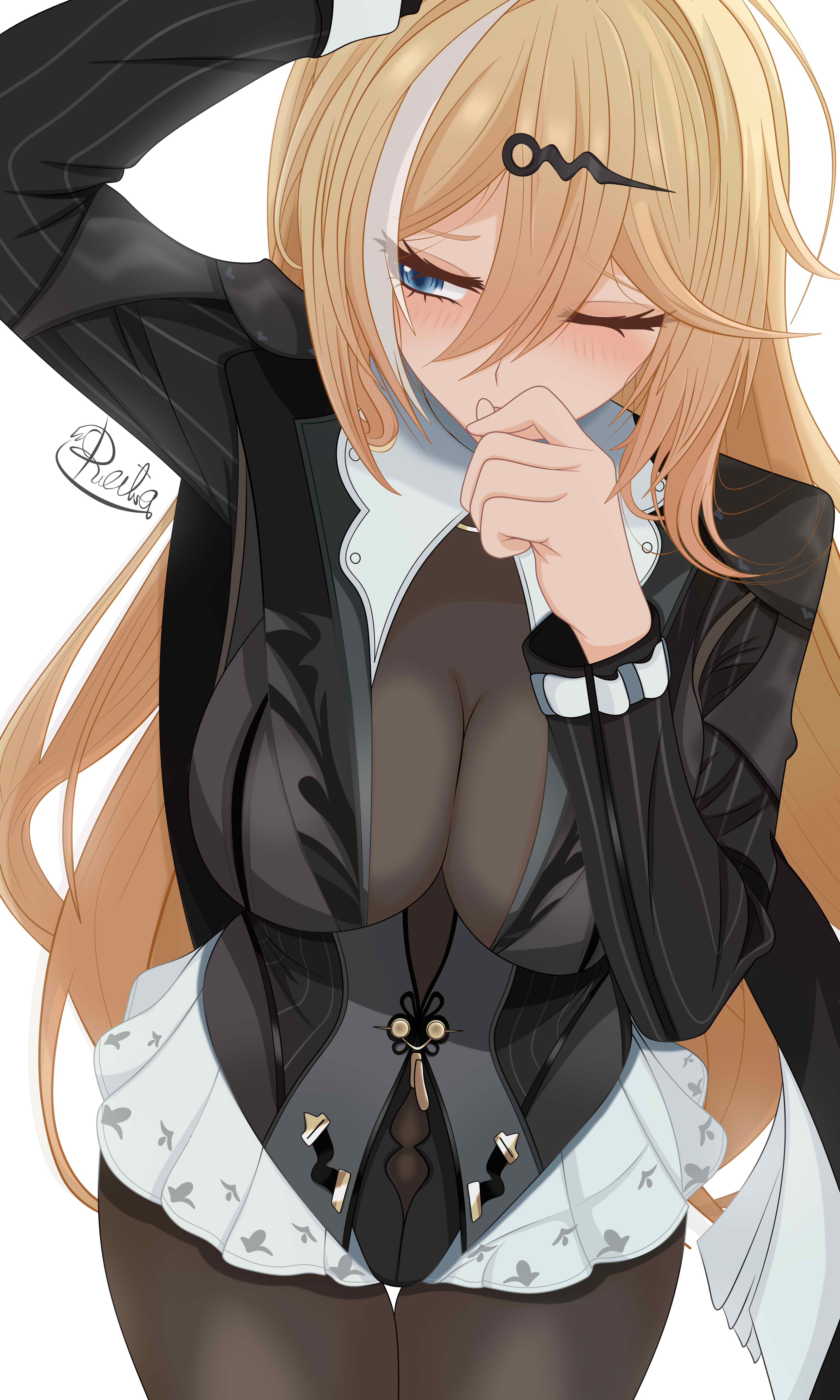 reila nii, durandal (honkai impact), noto mamiko, yixuan (trails of ink) (zenless zone zero), yixuan (zenless zone zero), honkai (series), honkai impact 3rd, mihoyo, zenless zone zero, absurdres, commentary, english commentary, highres, 1girl, artist name, black pantyhose, black unitard, blonde hair, blue eyes, breasts, cosplay, large breasts, long hair, multicolored hair, one eye closed, pantyhose, see-through cleavage, see-through clothes, simple background, solo, streaked hair, two-tone hair, very long hair, voice actor connection, white background, white hair, yixuan (zenless zone zero) (cosplay)