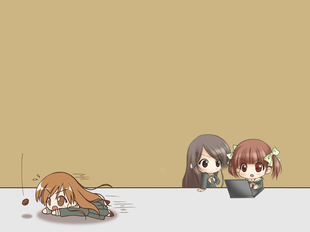 fukuzawa yumi, ogasawara sachiko, toudou shimako, maria-sama ga miteru, 00s, 3girls, black eyes, black hair, blush, brown eyes, brown hair, chibi, computer, flying sweatdrops, laptop, long hair, multiple girls, open mouth, school uniform, twintails