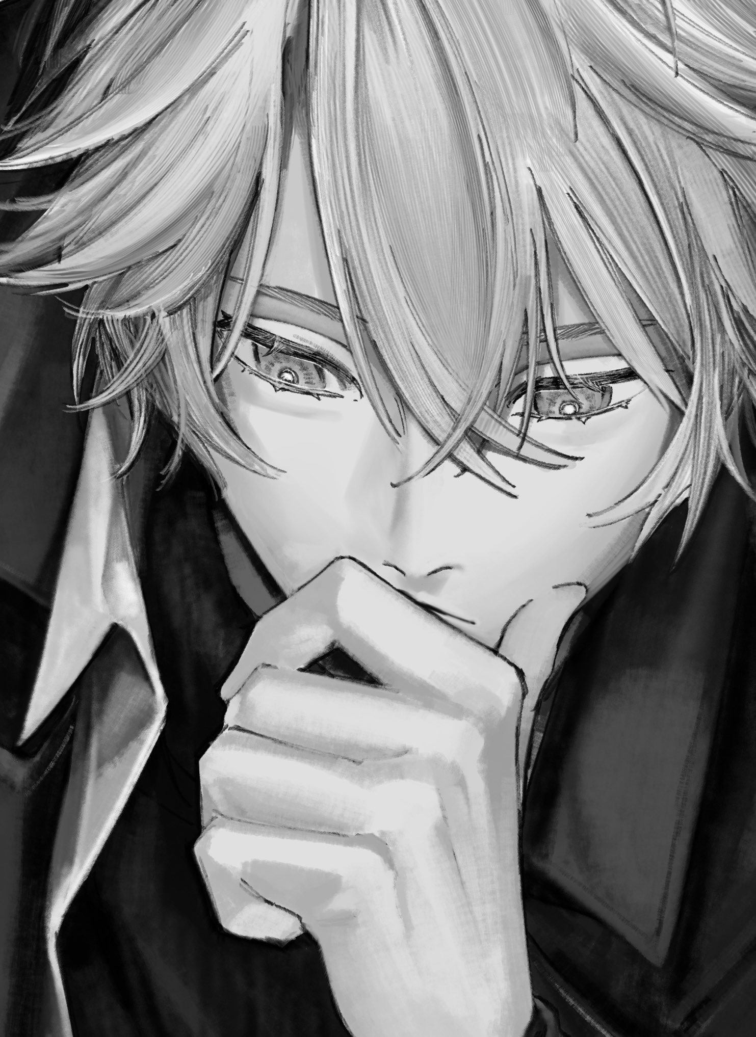 ieririr, phainon (honkai: star rail), honkai: star rail, honkai (series), highres, 1boy, black sweater, closed mouth, coat, crossed bangs, grey hair, greyscale, half-closed eyes, hand up, looking down, male focus, monochrome, official alternate costume, open clothes, open coat, open shirt, phainon (luckin coffee) (honkai: star rail), shirt, short hair, solo, sweater, thinking, turtleneck, turtleneck sweater, upper body, white shirt