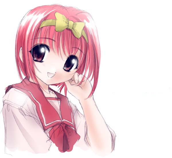 gotou nao, kamigishi akari, to heart, to heart (series), 1girl, :d, adjusting hair, bow, close-up, female focus, hair bow, hair intakes, hairband, open mouth, pink hair, purple eyes, school uniform, serafuku, short hair, simple background, smile, solo, white background, yellow bow