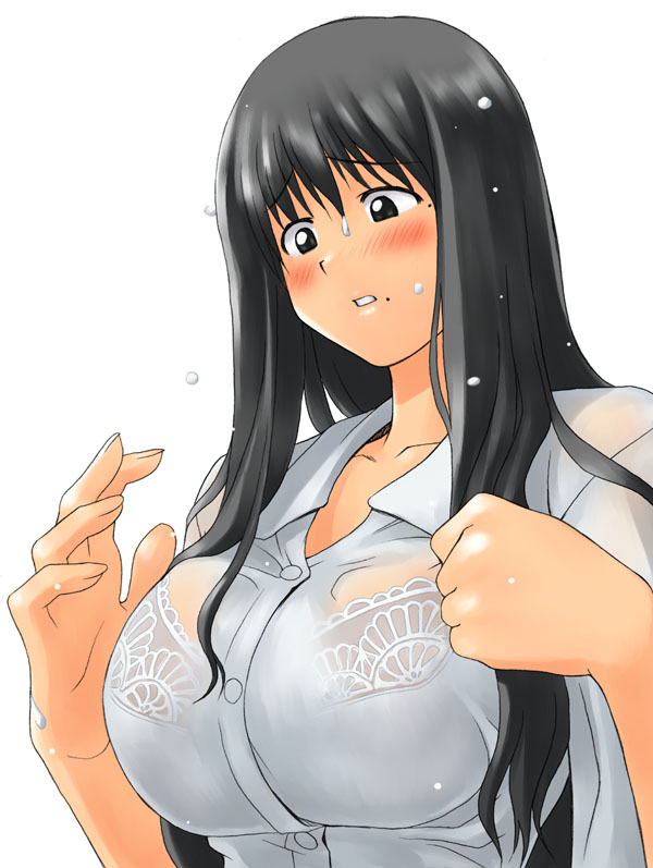 oono kanako, genshiken, 00s, 1girl, black eyes, black hair, blush, bra, bra visible through clothes, breasts, buttons, female focus, from side, lace, lace-trimmed bra, lace trim, large breasts, lingerie, long hair, looking down, mole, mole under eye, mole under mouth, parted lips, raised eyebrows, see-through clothes, shirt, simple background, solo, underwear, upper body, wet, wet clothes, wet shirt, white background, white shirt, wing collar