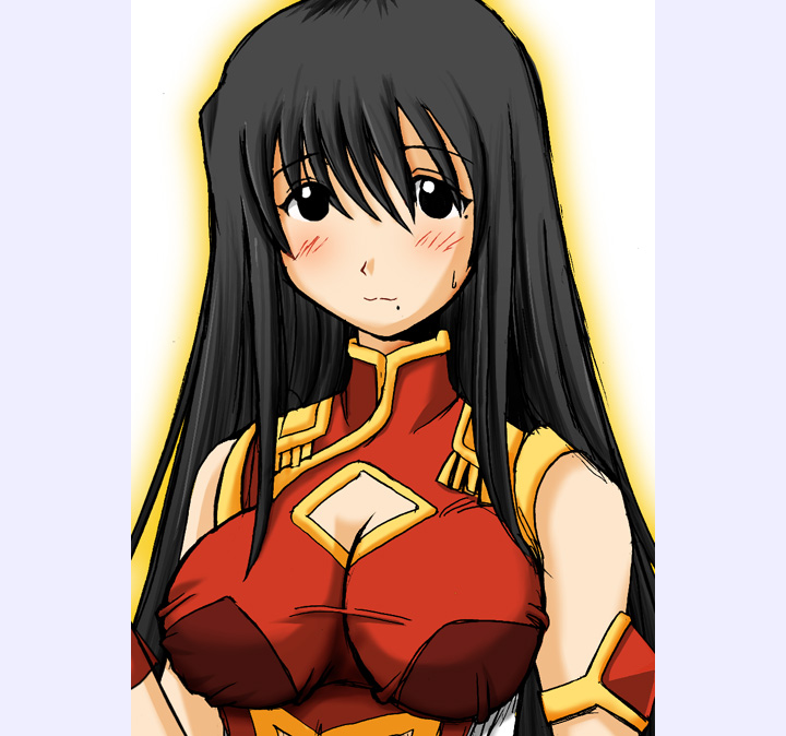 oono kanako, ranpha franboise, broccoli (company), galaxy angel, genshiken, 1girl, :3, armlet, bare shoulders, black eyes, black hair, blush, breasts, china dress, chinese clothes, cleavage, cleavage cutout, clothing cutout, cosplay, dress, female focus, gem, hair between eyes, impossible clothes, impossible dress, jewelry, large breasts, light smile, long hair, looking at viewer, mole, mole under eye, mole under mouth, outline, pillarboxed, ranpha franboise (cosplay), red dress, smile, solo, split mouth, sweatdrop, taut clothes, taut dress, turtleneck
