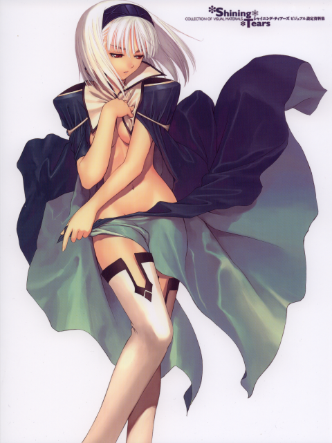 tony taka, blanc neige, sega, shining (series), shining tears, looking away, multicolored clothes, official art, 1girl, aira blanc neige galdinius, albino, aqua cape, armlet, blue cape, blue gemstone, blue hairband, breasts, breasts apart, cape, cape lift, copyright name, cover, covering breasts, covering privates, feet out of frame, female focus, floating hair, gem, groin, hair between eyes, hairband, half-closed eyes, hand on own chest, holding, holding unworn cape, holding unworn clothes, jewelry, legs together, looking down, medium breasts, medium hair, midriff, naked cape, navel, no bra, no panties, nude cover, parted lips, popped collar, red eyes, revealing clothes, short hair, shoulder pads, simple background, skirt, solo, standing, straight hair, thighhighs, topless female, underboob, unworn cape, white background, white hair, white thighhighs, wind, wind lift
