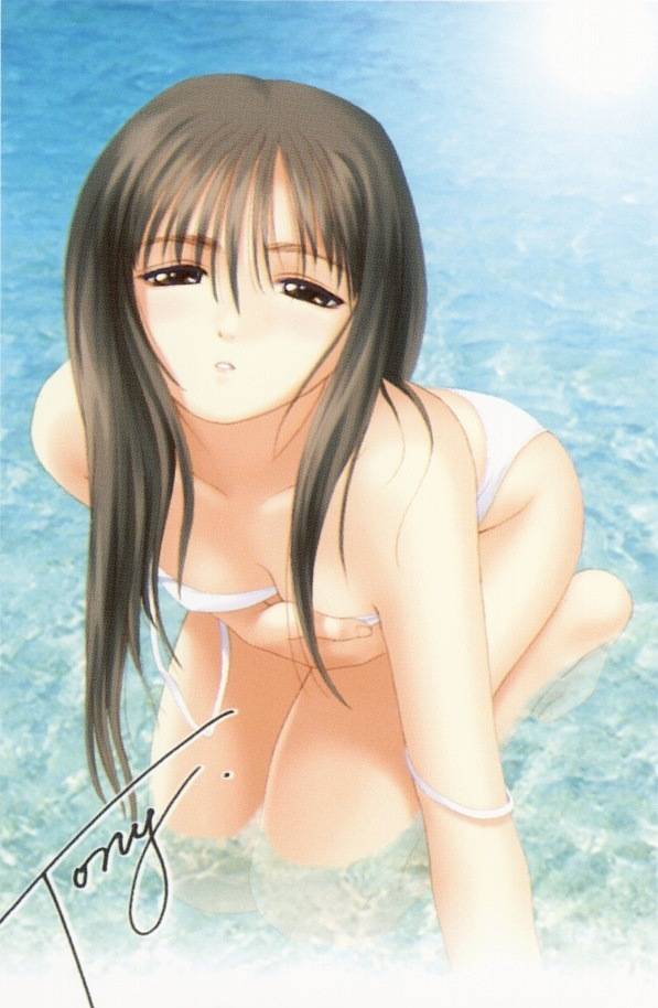 tony taka, original, 1girl, artist name, bent over, bikini, black eyes, black hair, female focus, kneeling, long hair, signature, solo, string bikini, swimsuit, water