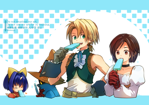 takase toho, black mage (final fantasy), eiko carol, garnet til alexandros xvii, vivi ornitier, zidane tribal, final fantasy, final fantasy ix, 2boys, 2girls, aqua eyes, aqua vest, aqua wrist cuffs, bare shoulders, black choker, blonde hair, blue border, blue coat, blue hair, border, bow, breasts, brown eyes, brown hair, choker, closed eyes, coat, cropped torso, eating, food, gloves, grey gloves, hair bow, hand on own hip, hat, holding, holding food, holding ice cream, horns, ice cream, ice cream bar, juliet sleeves, long sleeves, looking at another, low ponytail, medium breasts, mini wings, multiple boys, multiple girls, neck ribbon, open mouth, overalls, pink sweater, ponytail, puffy sleeves, red gloves, ribbon, shirt, short hair, single horn, sleeveless, sleeveless shirt, sweater, vest, white shirt, wings, wizard hat, wrist cuffs, yellow bow, yellow eyes, yellow overalls