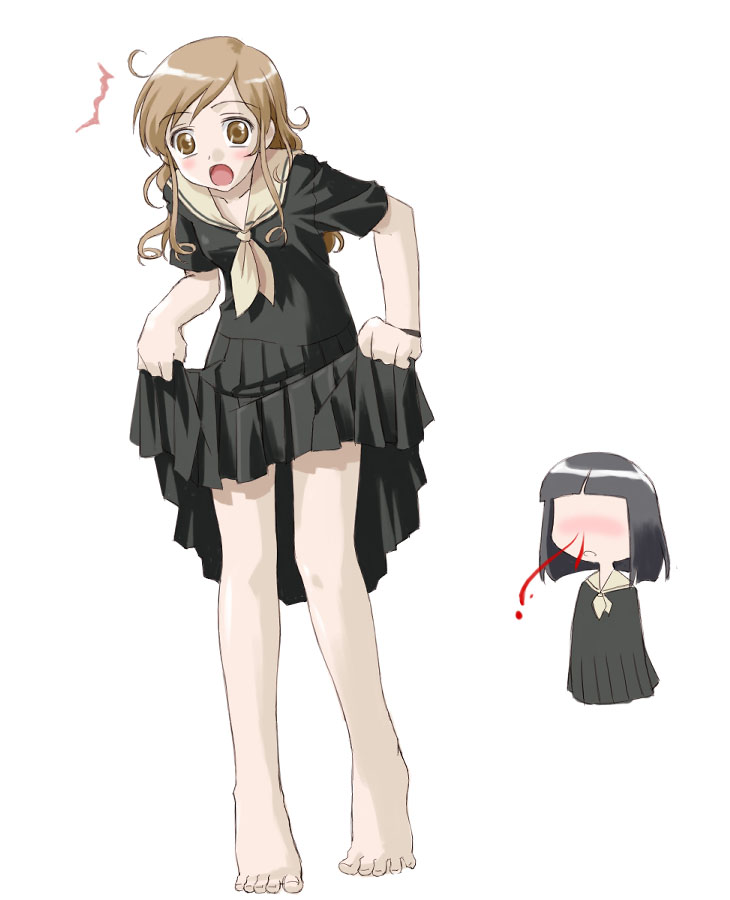 umekichi, nijou noriko, toudou shimako, maria-sama ga miteru, 00s, 2girls, ^^^, barefoot, black hair, blood, blush, brown eyes, brown hair, clothes lift, feet, lifting own clothes, multiple girls, nosebleed, open mouth, school uniform, simple background, skirt, skirt lift, white background, yuri
