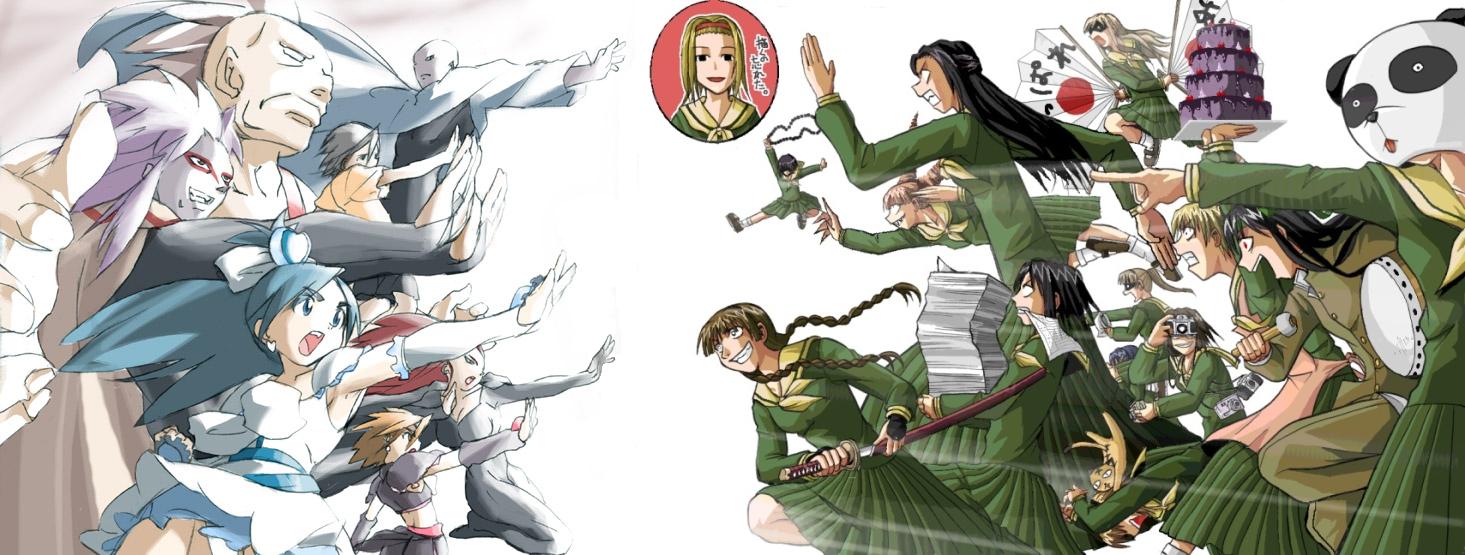 chuujo the silent, cure black, cure white, doujin issei, fukuzawa yumi, gakujin go, hasekura rei, hosokawa kanako, matsudaira touko, misumi nagisa, nijou noriko, ogasawara sachiko, pisard, poisony (futari wa precure), shimazu yoshino, taisou, takeshima tsutako, toudou shimako, tsukiyama minako, yukishiro honoka, final fantasy, futari wa precure, giant robo, maria-sama ga miteru, precure, 6+girls, bald, black hair, blonde hair, blue eyes, blue hair, braid, brown eyes, brown hair, cake, camera, drum, earrings, elbow gloves, food, gloves, grin, half updo, holding, instrument, jewelry, katana, kicking, long hair, magical girl, midriff, multiple girls, open mouth, opposing sides, panda, parody, pastry, pink hair, pointing, red hair, school uniform, sheath, short hair, skirt, smile, sword, twin braids, unsheathing, weapon, white background