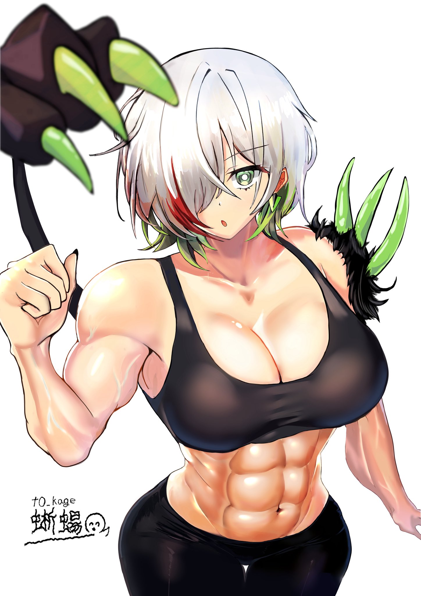 tokage (tokageymimr), diabellstar the black witch, yu-gi-oh!, commission, highres, skeb commission, 1girl, abs, black bra, black pantyhose, black sports bra, bra, breasts, cleavage, cowboy shot, duel monster, green eyes, green hair, grey hair, large breasts, multicolored hair, muscular, muscular female, navel, pantyhose, red hair, simple background, solo, sports bra, streaked hair, underwear, white background