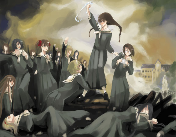 fukuzawa yumi, hasekura rei, shimazu yoshino, takeshima tsutako, liberty leading the people, maria-sama ga miteru, 6+girls, black hair, blonde hair, brown hair, building, fine art parody, french revolution, glasses, long hair, long sleeves, multiple girls, open mouth, outdoors, parody, propaganda, rosary, school uniform, serafuku, twintails