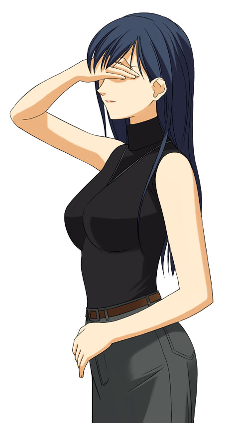 a1 (initial-g), ogasawara sachiko, maria-sama ga miteru, 00s, 1girl, bare arms, bare shoulders, black hair, covering face, covering own eyes, covering privates, female focus, long hair, simple background, sleeveless, sleeveless turtleneck, solo, turtleneck, white background