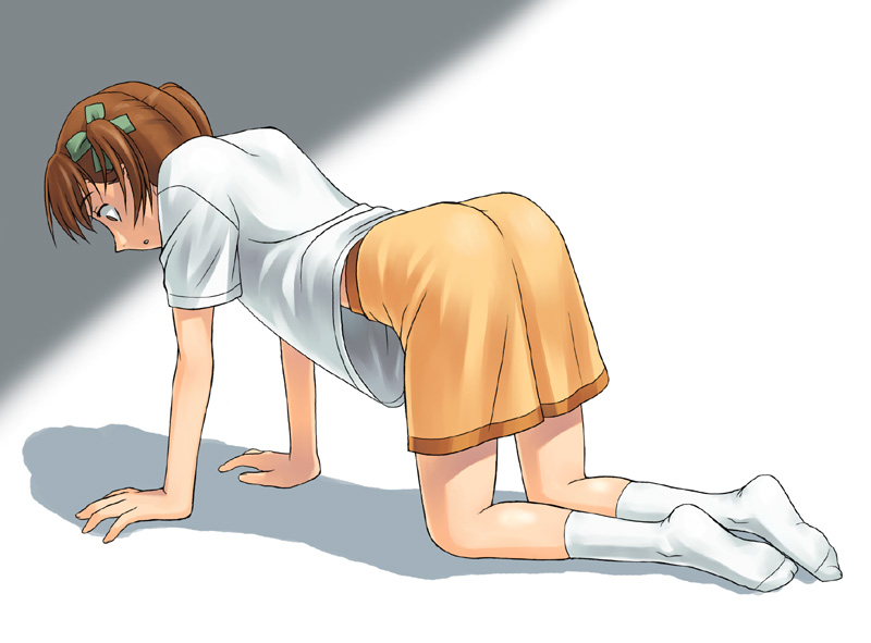 fukuzawa yumi, maria-sama ga miteru, 00s, 1girl, all fours, brown eyes, brown hair, female focus, hair ribbon, prostration, ribbon, shorts, simple background, socks, solo, twintails, white background