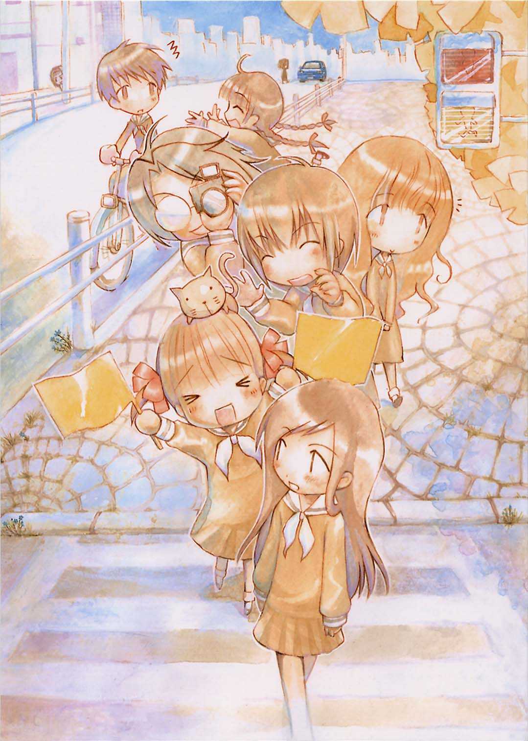 fukuzawa yumi, hasekura rei, ogasawara sachiko, satou sei, shimazu yoshino, takeshima tsutako, torii eriko, toudou shimako, maria-sama ga miteru, highres, jpeg artifacts, > <, 00s, 6+girls, :d, ^^^, ^ ^, animal, animal on head, bicycle, blush, braid, camera, car, cat, cat on head, chibi, chibi only, closed eyes, flag, hiding, holding, long hair, motor vehicle, multiple girls, on head, open mouth, outstretched arms, pleated skirt, riding, school uniform, serafuku, skirt, smile, twin braids, walking, xd