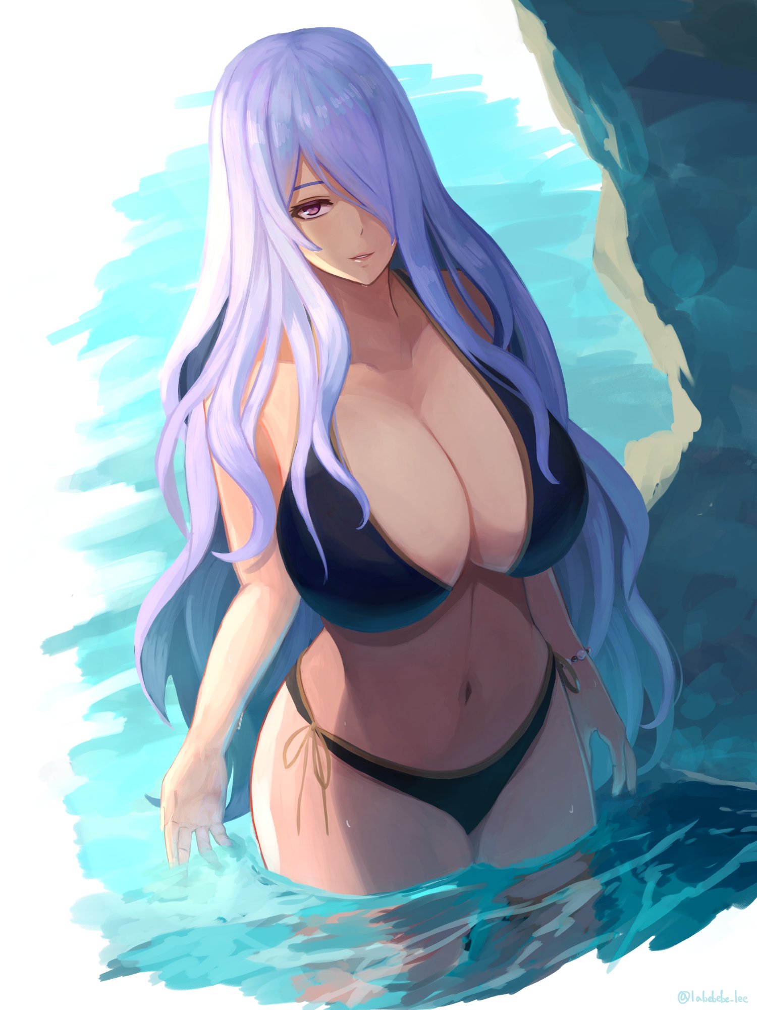 labebebe lee, camilla (fire emblem), fire emblem, fire emblem fates, nintendo, highres, 1girl, alternate costume, bare shoulders, bikini, black bikini, breasts, cleavage, curvy, from above, hair over one eye, huge breasts, long hair, looking at viewer, navel, outdoors, parted lips, pink eyes, purple hair, rock, smile, solo, stomach, swimsuit, teeth, thick thighs, thighs, very long hair, wading, water, wavy hair