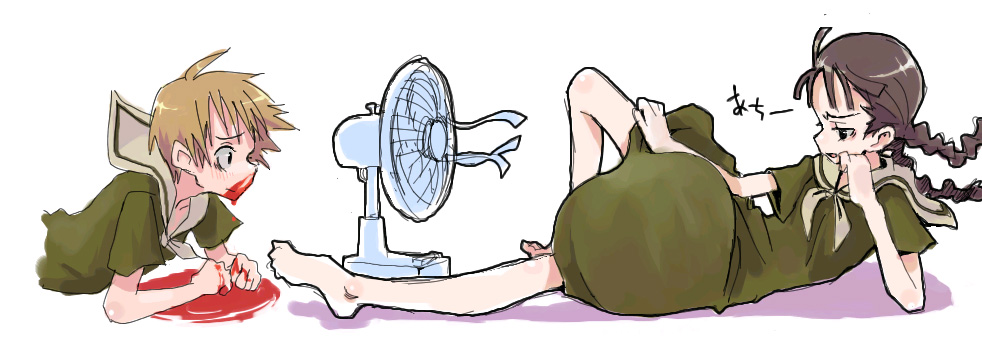 hasekura rei, shimazu yoshino, maria-sama ga miteru, artist request, 2girls, barefoot, blood, braid, brown hair, electric fan, fanning crotch, fanning self, implied pantyshot, multiple girls, nosebleed, parody, school uniform, serafuku, simple background, sketch, twin braids, white background, yuri