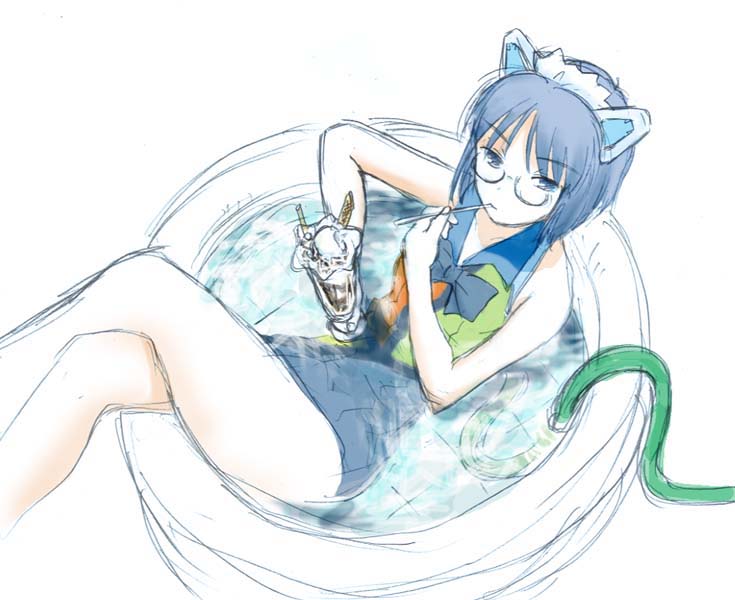 2k-tan, os-tan, 1girl, adapted costume, blue eyes, blue hair, crossed legs, eating, female focus, food, glasses, holding, hose, ice cream, matching hair/eyes, one-piece swimsuit, parfait, pool, robot ears, solo, swimsuit, wading pool, water