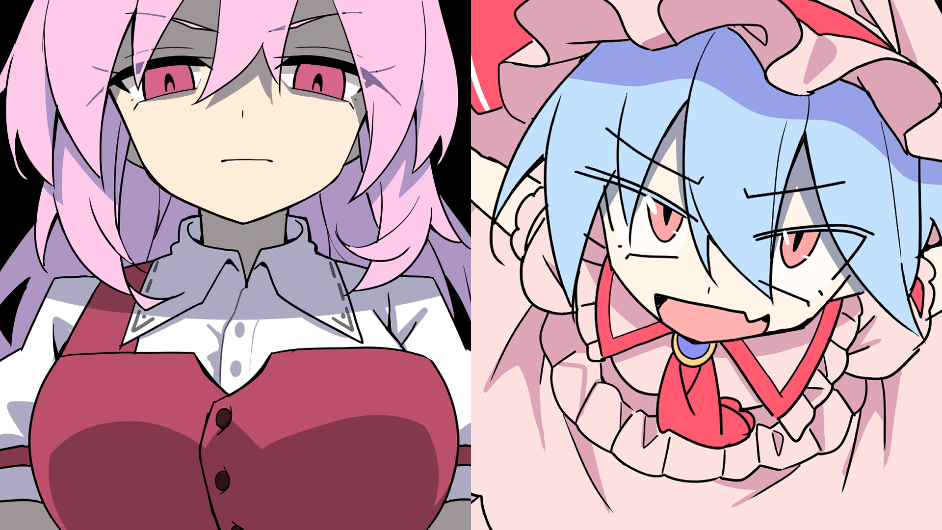 e.o., remilia scarlet, watatsuki no yorihime, touhou, commentary request, highres, 2girls, ascot, blue hair, closed mouth, collared shirt, dress, fang, frilled shirt collar, frills, hat, hat ribbon, long hair, mob cap, multiple girls, open mouth, pink eyes, pink hair, pink hat, pink shirt, pink skirt, red ascot, red dress, ribbon, shaded face, shirt, short sleeves, single strap, skin fang, skirt, smile, white shirt