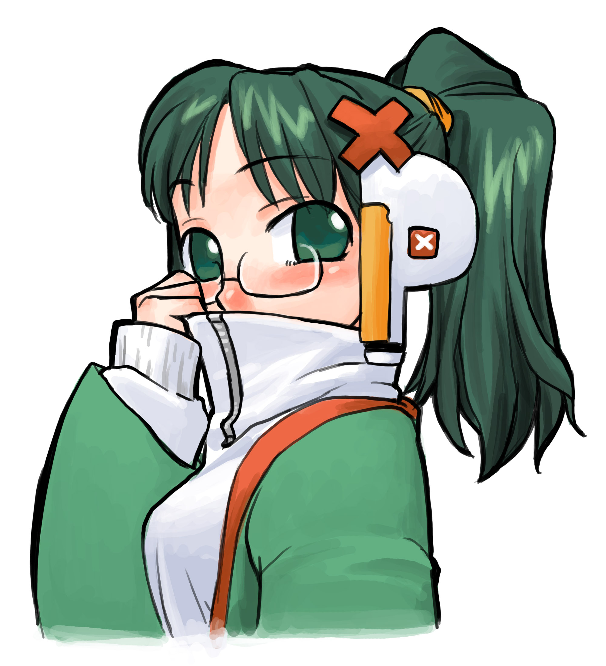 hirai yukio, homeko, xp home-tan, xphome, os-tan, highres, non-web source, 1girl, female focus, glasses, green eyes, green hair, hair ornament, long sleeves, matching hair/eyes, ponytail, simple background, solo, white background, x hair ornament