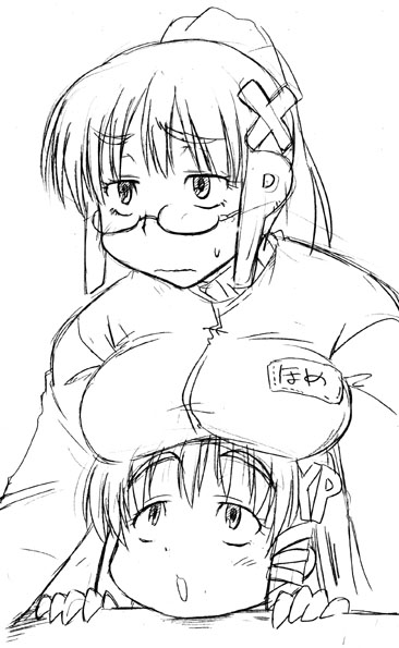 homeko, xp-tan, xp home-tan, xphome, os-tan, 2girls, breast press, breast rest, breasts, breasts on head, glasses, greyscale, hair ornament, medium breasts, monochrome, multiple girls, sketch, sweatdrop, x hair ornament