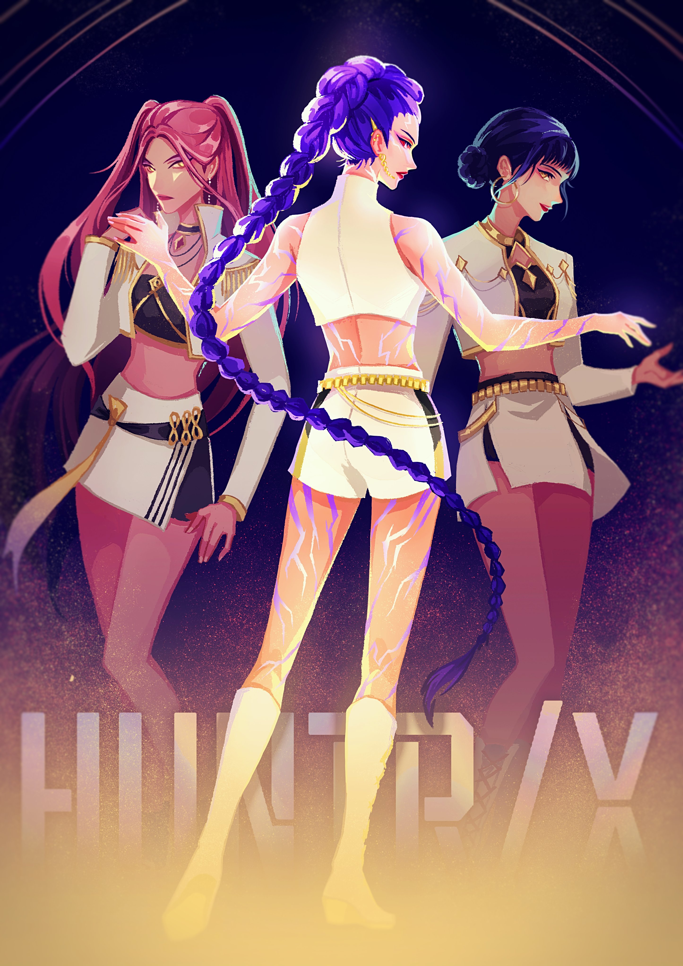 keyade, mira (kpop demon hunters), rumi (kpop demon hunters), zoey (kpop demon hunters), kpop demon hunters, absurdres, commentary, highres, 3girls, black hair, body markings, boots, braid, braided ponytail, double bun, earrings, epaulettes, full body, hair bun, high collar, hoop earrings, jewelry, looking back, multiple girls, purple hair, shorts, sidelocks, skirt, smile, white boots, white shorts, white skirt