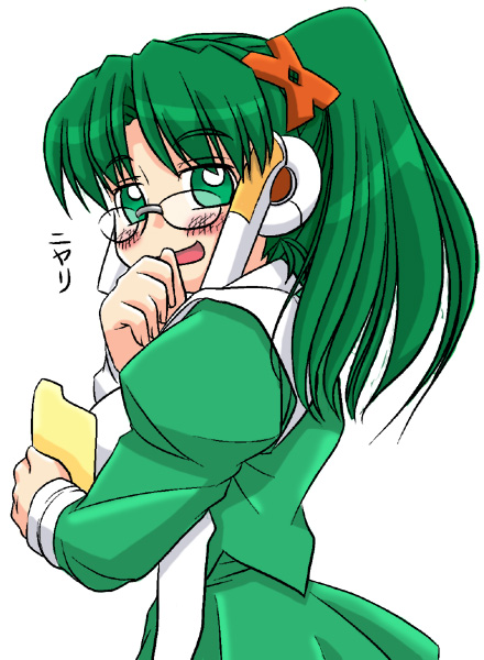 homeko, xp home-tan, xphome, os-tan, 1girl, blush, female focus, folder, glasses, green eyes, green hair, hair ornament, holding, long hair, long sleeves, matching hair/eyes, robot ears, simple background, smirk, solo, white background, x hair ornament