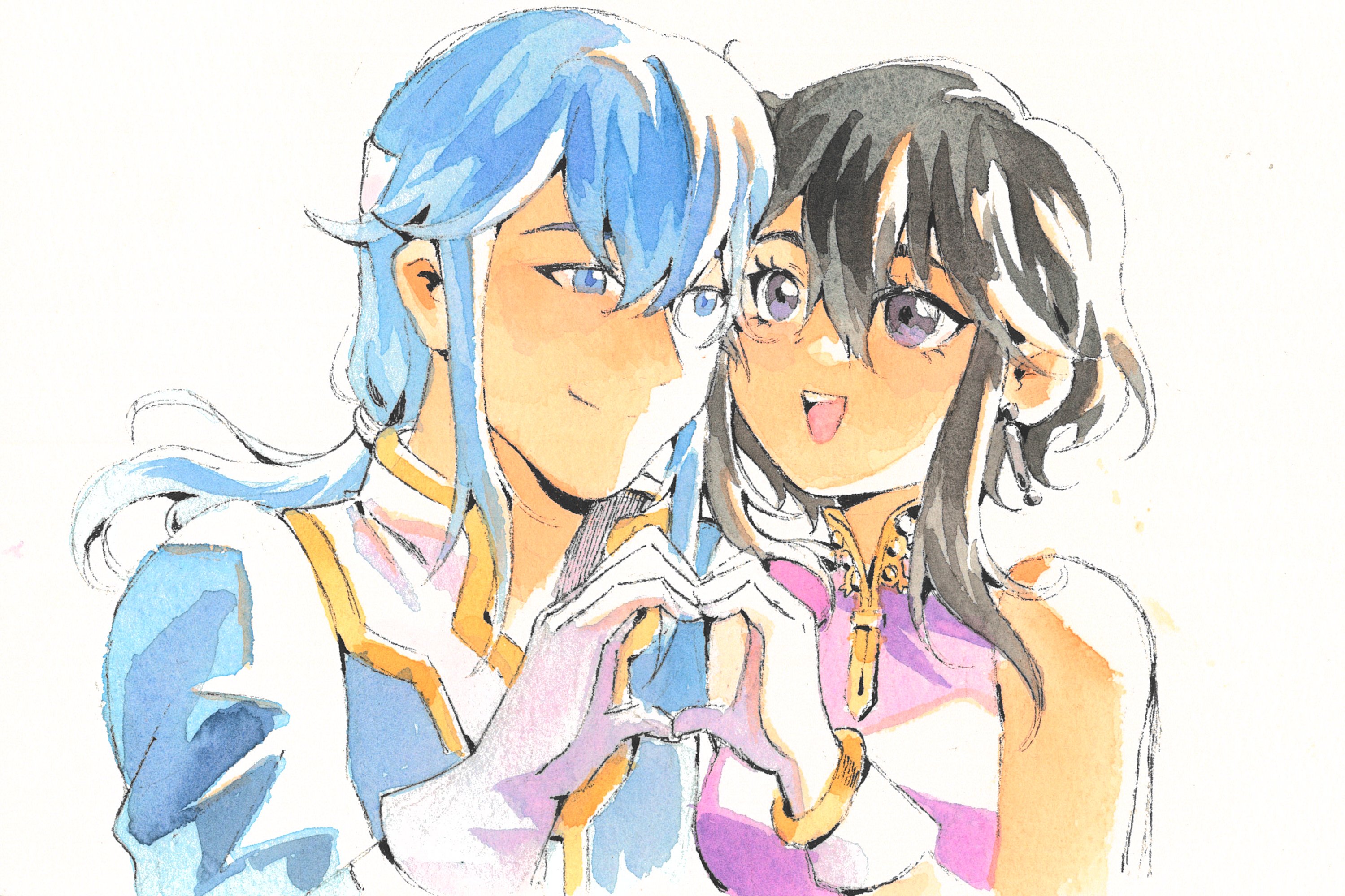 larcei (fire emblem), seliph (fire emblem), fire emblem, fire emblem: genealogy of the holy war, nintendo, colored pencil (medium), commission, commissioner upload, highres, painting (medium), traditional media, watercolor (medium), 1boy, 1girl, black hair, blue hair, bracelet, breasts, cheek-to-cheek, couple, earrings, gloves, headband, heads together, heart, heart hands, heart hands duo, hetero, holding hands, jewelry, long hair, medium breasts, mieumiso, open mouth, ponytail, purple tunic, short hair, sidelocks, sleeveless, smile, tunic