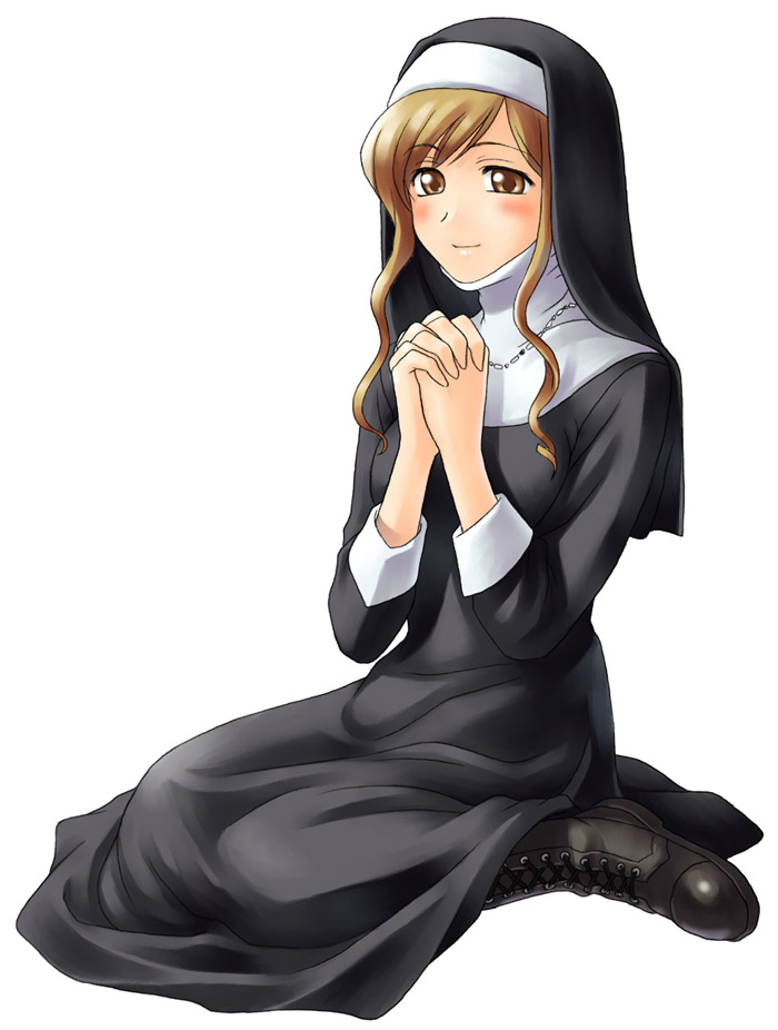 tanaka shoutarou, toudou shimako, maria-sama ga miteru, habit, non-web source, 00s, 1girl, blush, boots, brown eyes, brown hair, female focus, full body, long hair, long sleeves, nun, praying, simple background, solo, traditional nun, white background