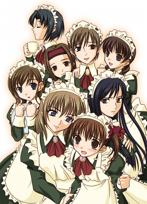 fukuzawa yumi, hasekura rei, mizuno youko, ogasawara sachiko, satou sei, shimazu yoshino, torii eriko, toudou shimako, maria-sama ga miteru, hand on shoulder, 00s, 6+girls, alternate costume, apron, black hair, blonde hair, blue eyes, blush, braid, brown eyes, brown hair, closed eyes, cup, enmaided, everyone, frilled apron, frills, hairband, holding, holding own arm, holding to chest, long hair, long sleeves, looking at another, looking at viewer, maid, maid apron, maid headdress, multiple girls, open mouth, profile, teacup, tray, twin braids, twintails, yuri