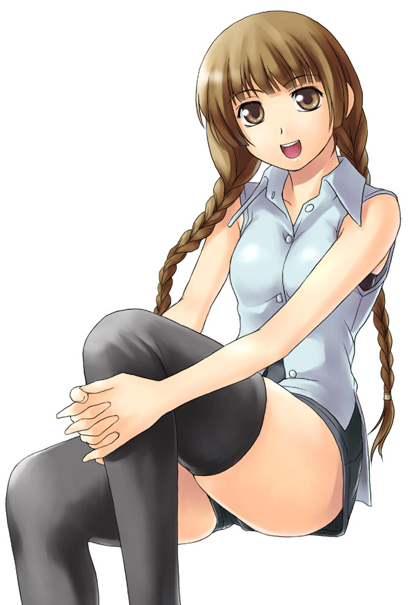 tanaka shoutarou, shimazu yoshino, maria-sama ga miteru, non-web source, 00s, 1girl, :d, bare arms, black thighhighs, braid, brown eyes, brown hair, female focus, hair over shoulder, hugging own legs, long hair, open mouth, own hands clasped, own hands together, shirt, shorts, simple background, sitting, sleeveless, sleeveless shirt, smile, solo, thighhighs, twin braids, vest, white background