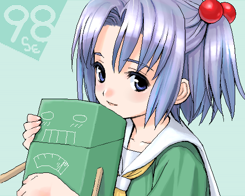 amano yuu, 98-tan, 98se-tan, os-tan, lowres, 1girl, blue eyes, blue hair, character name, female focus, hair bobbles, hair ornament, matching hair/eyes, oekaki, one side up, school uniform, serafuku, short hair, side ponytail, simple background, smile, solo