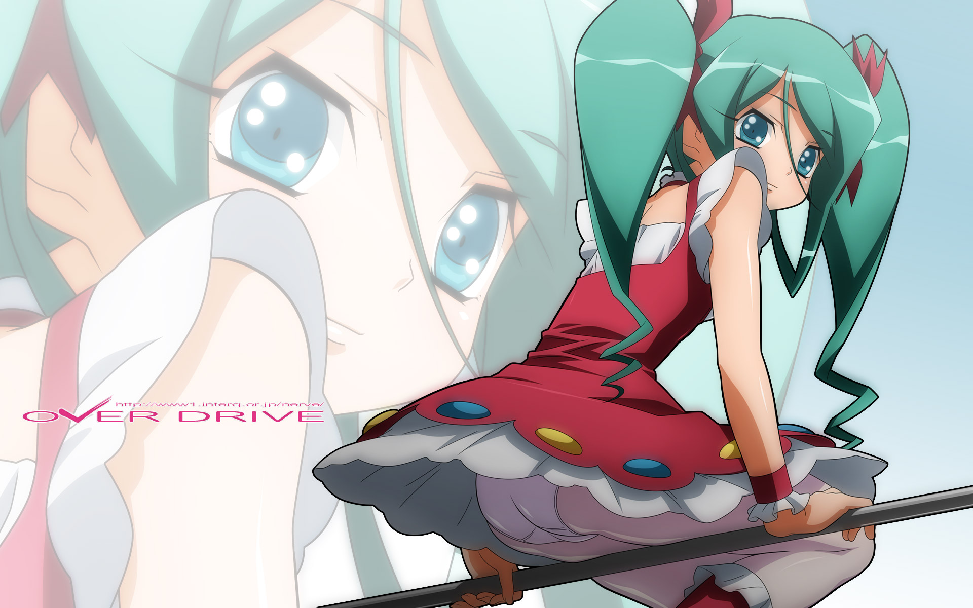 sugimura tomokazu, kuroki manatsu, utakata, highres, 00s, 1girl, aqua eyes, ass, boots, broom, dress, female focus, green eyes, green hair, hair ribbon, matching hair/eyes, panties, panties under pantyhose, pantyhose, ribbon, sidesaddle, sitting on bar, solo, twintails, underwear, upskirt, watermark, web address, white panties, white pantyhose, zoom layer