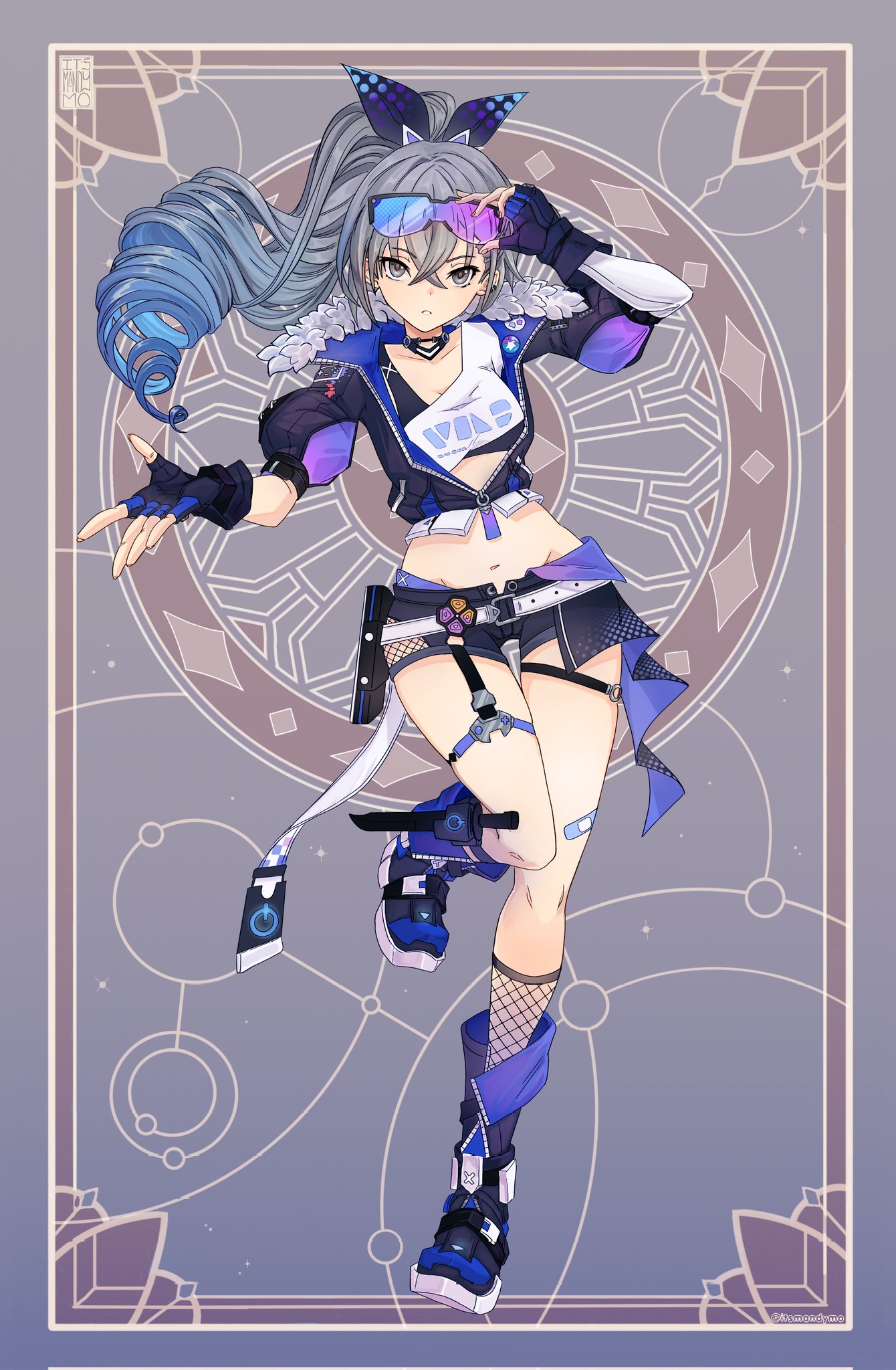 itsmandymo, silver wolf (honkai: star rail), honkai: star rail, honkai (series), highres, 1girl, adjusting eyewear, bandaid, bandaid on leg, black boots, black choker, black gloves, black jacket, black shorts, blue hair, boots, choker, crop top, cropped jacket, drill hair, eyewear on head, fingerless gloves, fishnets, fur-trimmed jacket, fur trim, gloves, gradient hair, grey eyes, grey hair, hair between eyes, jacket, knife, long hair, looking at viewer, midriff, multicolored hair, navel, parted lips, shirt, short shorts, shorts, solo, stomach, sunglasses, thigh strap, thighs, white shirt