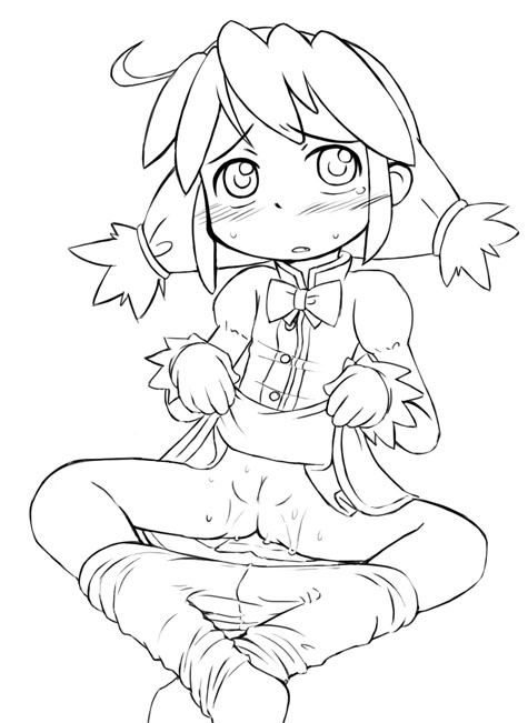 furiri, fine (futagohime), fushigiboshi no futago hime, 00s, 1girl, blush, clothes lift, crotch seam, female focus, greyscale, lifting own clothes, loli, monochrome, pantyhose, pussy, pussy juice, sitting, skirt, skirt lift, solo, tears