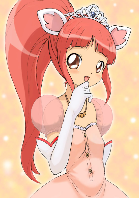 heika (heikahp), leonne, fushigiboshi no futago hime, 00s, 1girl, :d, animal ears, blush, brown eyes, cat ears, elbow gloves, fang, female focus, gloves, jewelry, long hair, looking at viewer, necklace, open mouth, ponytail, red hair, see-through clothes, smile, solo, standing, tiara, white gloves
