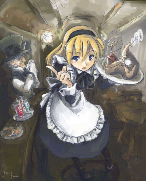 akiyama nenehisa, alice (alice in wonderland), caterpillar (alice in wonderland), mad hatter (alice in wonderland), alice's adventures in wonderland, black headwear, 1girl, 2boys, :o, apron, black dress, black hairband, blonde hair, blue eyes, bow, caterpillar, dress, glass, hairband, hat, hookah, index finger raised, long sleeves, maid, multiple boys, old, old man, open mouth, pantyhose, sketch, top hat, waitress