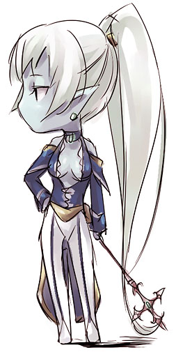 kyo (kuroichigo), dark elf (lineage 2), lineage, lineage 2, 1girl, chibi, dark elf, elf, female focus, holding, long hair, long sleeves, pointy ears, ponytail, simple background, solo, white background, white hair