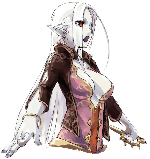 kyo (kuroichigo), dark elf (lineage 2), lineage, lineage 2, 1girl, bangle, bracelet, breasts, brown eyes, cleavage, colored skin, dagger, dark elf, elf, female focus, jewelry, knife, long hair, medium breasts, open mouth, pointy ears, simple background, solo, weapon, white background, white hair, white skin