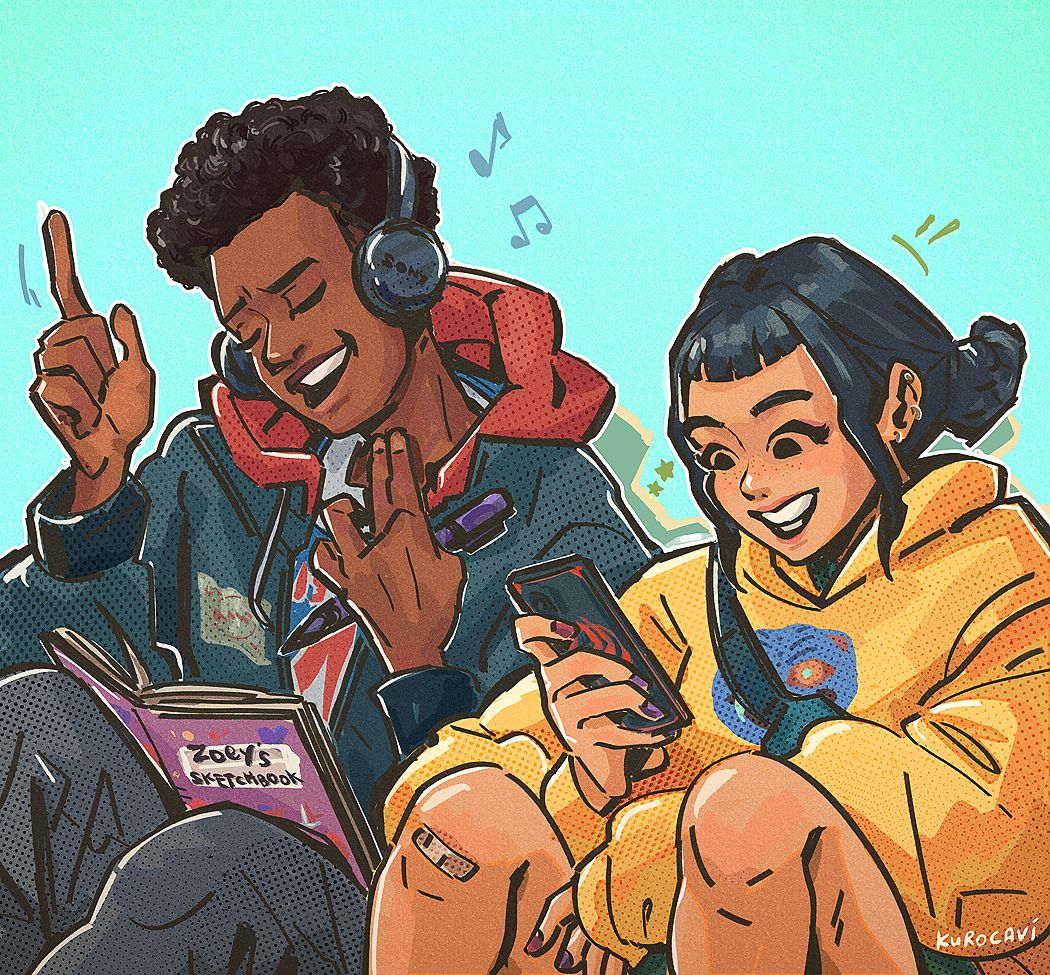 miles morales, zoey (kpop demon hunters), kpop demon hunters, marvel, spider-man: into the spider-verse, spider-man (series), spider-verse, commentary, commentary request, english commentary, 1boy, 1girl, aqua background, artist name, bandaid, bandaid on knee, bandaid on leg, black hair, closed eyes, dark-skinned male, dark skin, double bun, freckles, hair bun, headphones, holding, holding pen, holding phone, hood, hoodie, kurocavi, musical note, pen, phone, red hoodie, sidelocks, sitting, smile