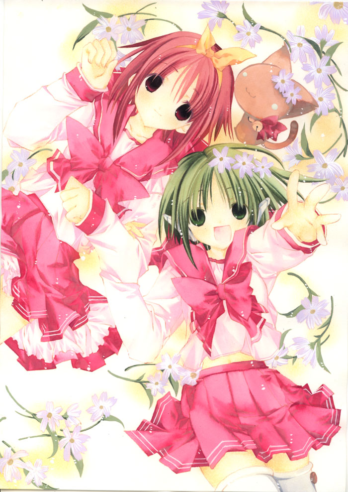 moo (umineko), kamigishi akari, multi (to heart), to heart, to heart (series), 2girls, :d, bow, cat, flower, green eyes, green hair, long sleeves, multiple girls, open mouth, pink bow, pleated skirt, red eyes, red hair, robot ears, school uniform, serafuku, skirt, smile, thighhighs, yellow bow