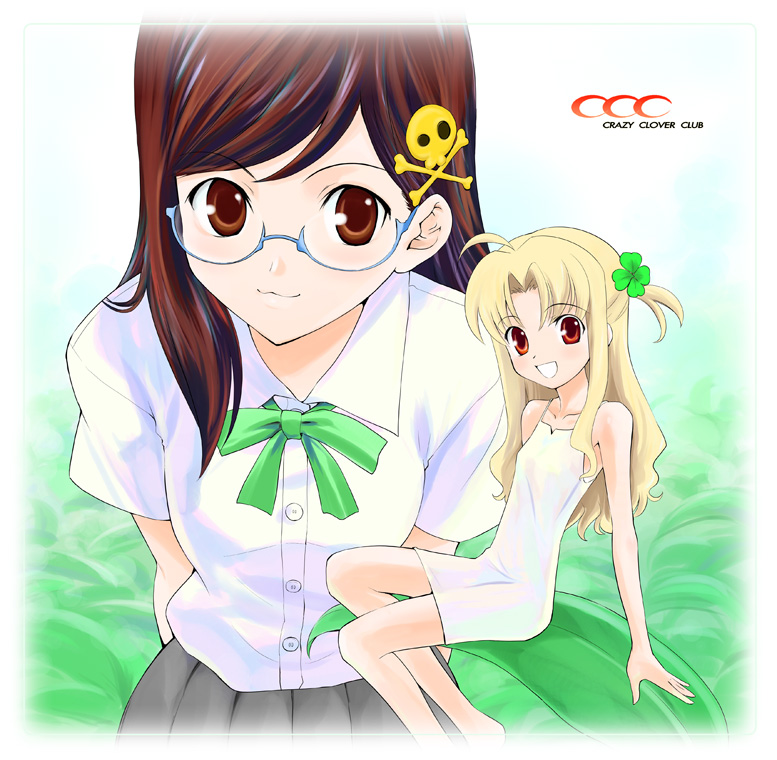 shirotsumekusa, original, 2girls, :3, :d, blonde hair, blue-framed eyewear, brown eyes, brown hair, camisole, clover, four-leaf clover, glasses, hair ornament, leaf, long hair, mini person, minigirl, multiple girls, open mouth, red eyes, school uniform, sitting, skull and crossbones, skull hair ornament, smile