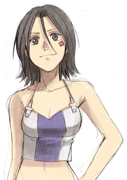 yu 65026, talho yuuki, eureka seven, eureka seven (series), 00s, 1girl, bare arms, bare shoulders, black eyes, black hair, breasts, camisole, cleavage, crop top, female focus, hair between eyes, light smile, medium breasts, midriff, navel, short hair, simple background, sketch, sleeveless, smile, solo, tattoo, upper body, white background