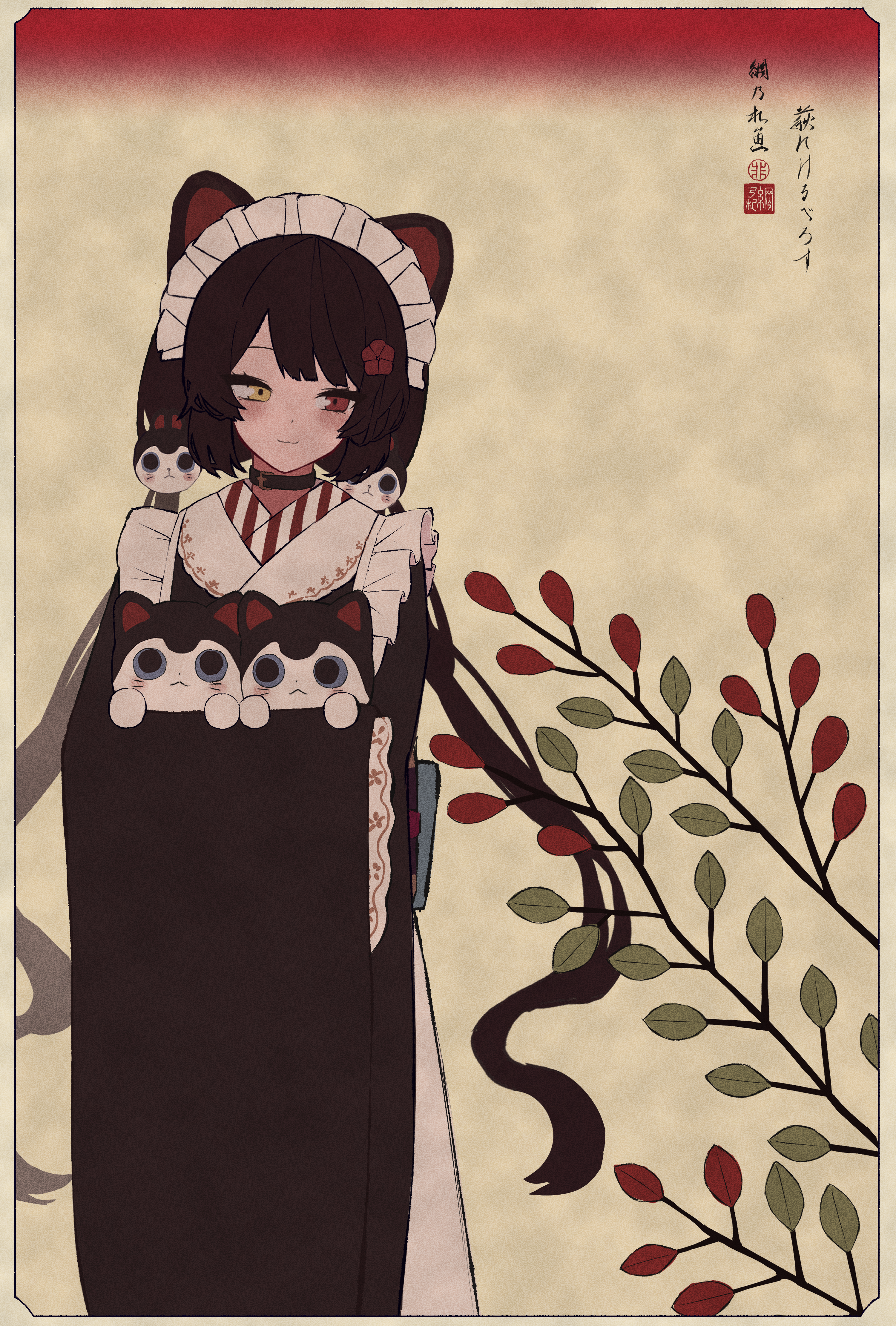 ami no fuda, inui toko, nijisanji, absurdres, highres, 1girl, :3, animal, animal ears, belt collar, black collar, blunt bangs, border, brown hair, brown kimono, brown sash, calligraphy, collar, dog, dog ears, dog girl, dog hair ornament, faux traditional media, feet out of frame, flower, frilled hairband, frilled kimono, frills, furisode, gradient background, hair flower, hair ornament, hairband, heterochromia, holding, holding animal, holding dog, japanese clothes, kimono, leaf, long hair, long sleeves, looking at object, low twintails, maid, maid headdress, obi, obijime, parted bangs, plant, red eyes, red leaf, sash, solo, stamp mark, standing, swept bangs, twintails, very long hair, virtual youtuber, wa maid, wide sleeves, yellow background, yellow border, yellow eyes