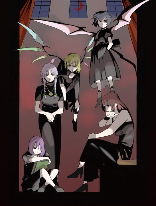 onigunsou, flandre scarlet, hong meiling, izayoi sakuya, patchouli knowledge, remilia scarlet, embodiment of scarlet devil, touhou, 5girls, alternate costume, arm behind back, bat wings, blonde hair, blouse, book, bow, braid, contemporary, crescent moon, crossed arms, demon girl, dress, female focus, flying, frown, goth fashion, grey hair, hair bow, high heels, hugging object, indoors, jewelry, locket, long sleeves, moon, multiple girls, necklace, no headwear, own hands together, pendant, pink hair, purple hair, red eyes, shirt, shoes, short hair, short sleeves, siblings, sisters, sitting, skirt, sleeveless, smile, twin braids, window, wings, wiping mouth